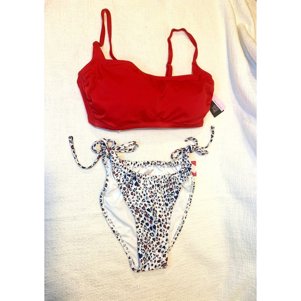 Wild Fable Red Ribbed Bralette &  High Leg Scoop String Bikini  Bottoms NWT